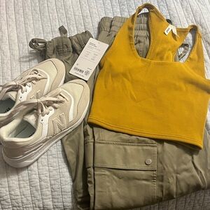 Yellow Crop Tank Top and Athleta Olive Cargo Pants